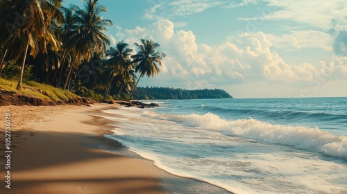 A beautiful beach scene at Bekal, with soft waves lapping against the golden sands and palm trees swaying in the breeze. photo