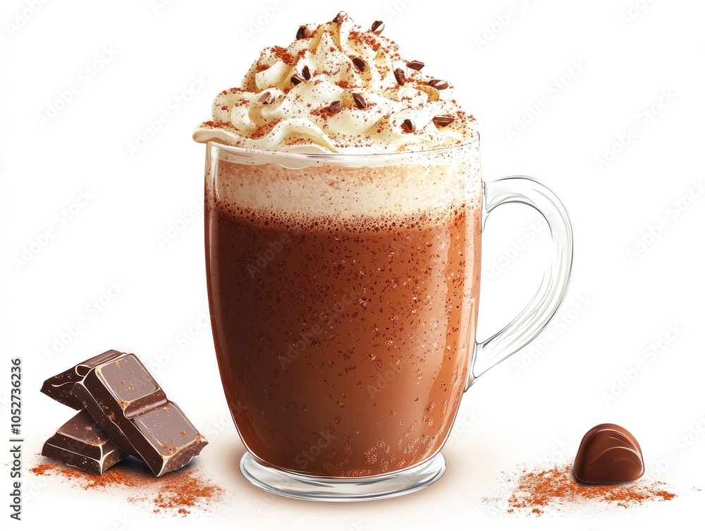 Hot chocolate with whipped cream and chocolate shavings in a clear mug with chocolate pieces and cocoa powder on the side. Hot chocolate with whipped cream and chocolate shavings in a clear mug with chocolate pieces and cocoa powder on the side.