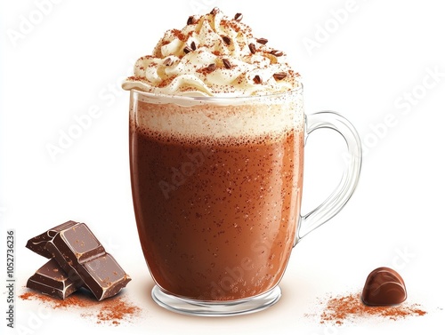 Hot chocolate with whipped cream and chocolate shavings in a clear mug with chocolate pieces and cocoa powder on the side.