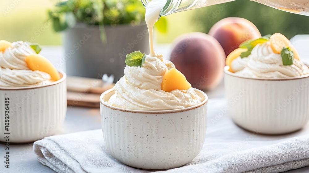 A refreshing bowl filled with peaches and cream is enhanced by pouring milk from a pitcher amidst a natural backdrop A refreshing bowl filled with peaches and cream is enhanced by pouring milk from a pitcher amidst a natural backdrop