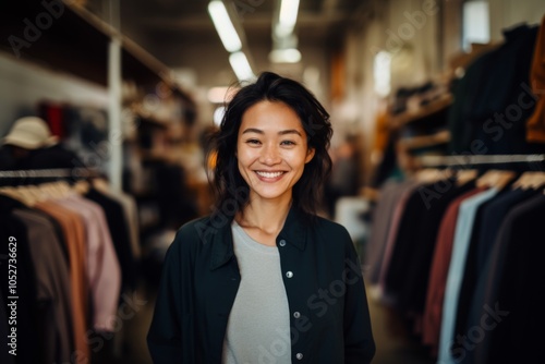 Portrait of a smiling Asian woman owner of second hand shop photo