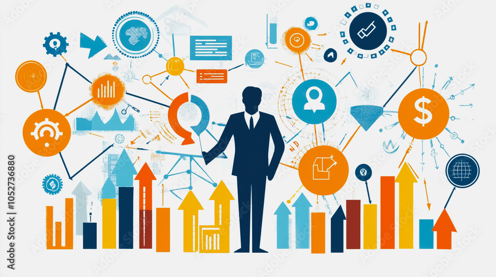 abstract business man stands on the peak of success amid tall, innovative Arrows point the way to success. and graphs with statistics to analyze business potential and predict future developments in abstract business man stands on the peak of success amid tall, innovative Arrows point the way to success. and graphs with statistics to analyze business potential and predict future developments in