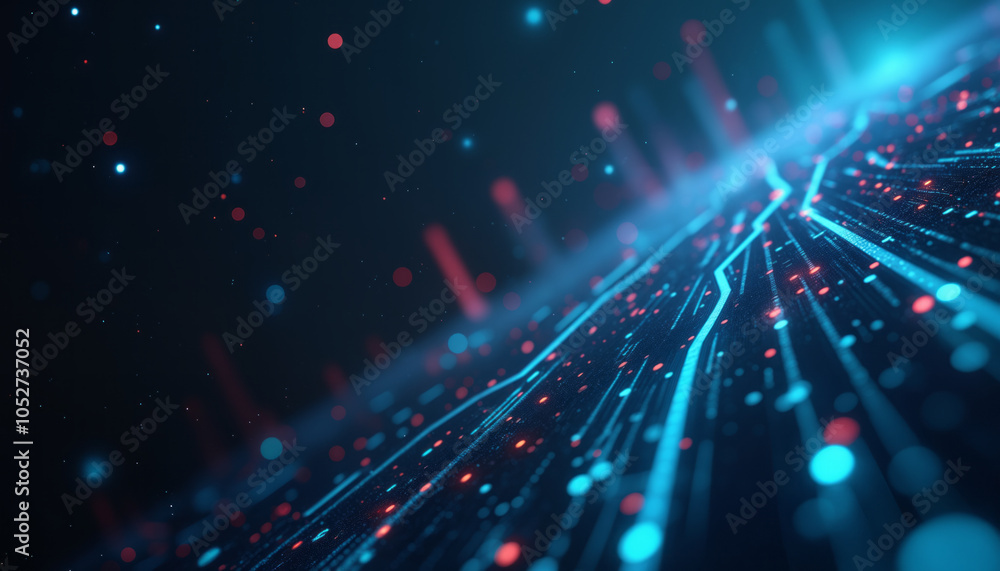 Obraz premium A blue and red light trail, illuminated by scattered dots and lights, cuts through a dark gradient background, evoking energy and movement.