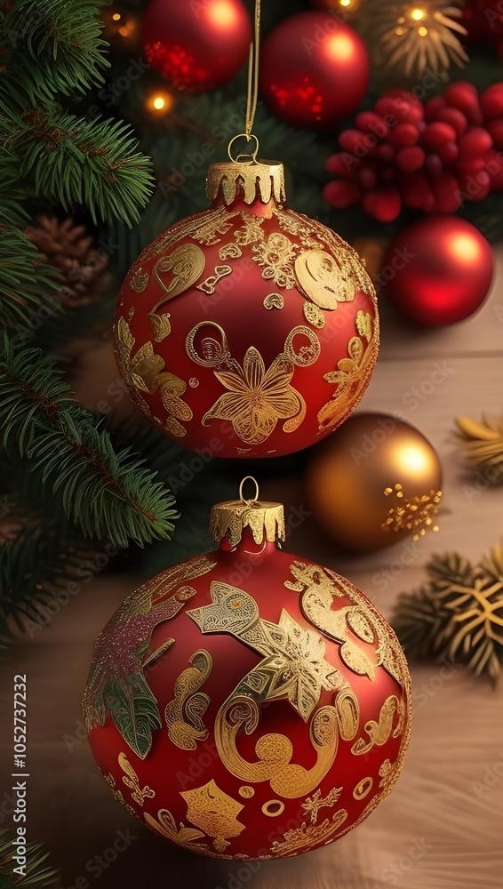 Elegant Christmas Tree Decor in Red and Gold Ornaments, Luxurious and high-end Christmas tree decorations close-up Elegant Christmas Tree Decor in Red and Gold Ornaments, Luxurious and high-end Christmas tree decorations close-up