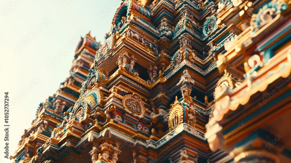 Obraz premium A close-up of ornate temple architecture with intricate carvings and vibrant colors, set against a clear sky.