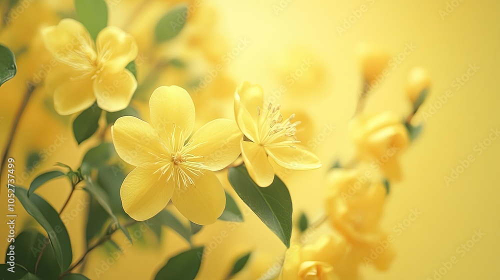 Obraz premium A close-up shot of delicate yellow flowers with green leaves, creating a vivid contrast against a soft yellow backdrop.
