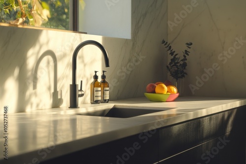 A sink with a soap dispenser and a bowl of fruit on the counter. The fruit includes oranges and apples photo