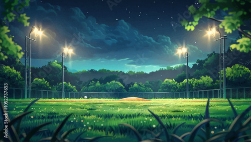 Baseball Field at Night Lights Shining on Grass Diamond Stadium Nighttime Bright Lights Illumination Field Outfield Infield Bases Dugouts Cartoon Illustration