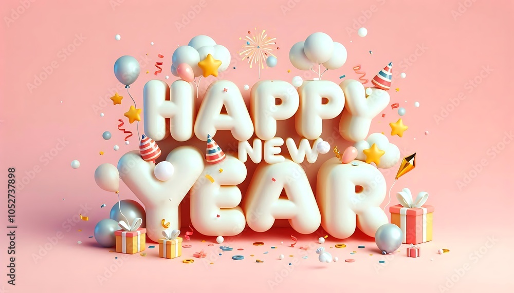 Obraz premium 3D Happy New Year Greeting with Balloons and Confetti