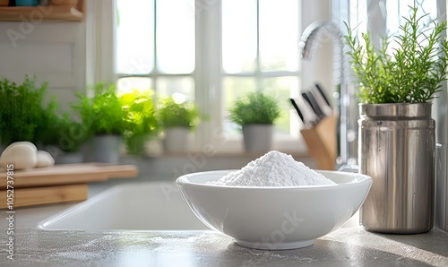 Cleaning kitchen sink using baking soda to maintain proper drainage and prevent blockages A safe efficient cost effective and eco friendly remedy for unclogging drains photo