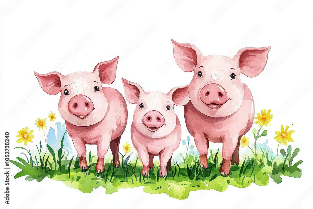 Obraz premium A cheerful illustration of three pink pigs standing in a grassy field adorned with flowers, showcasing their friendly nature.