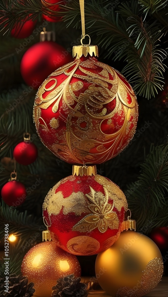 Vibrant Red and Gold Ornaments on a Festive Christmas Tree, Merry Christmas and Happy New Year. Christmas ornaments on tree branch holiday background Vibrant Red and Gold Ornaments on a Festive Christmas Tree, Merry Christmas and Happy New Year. Christmas ornaments on tree branch holiday background