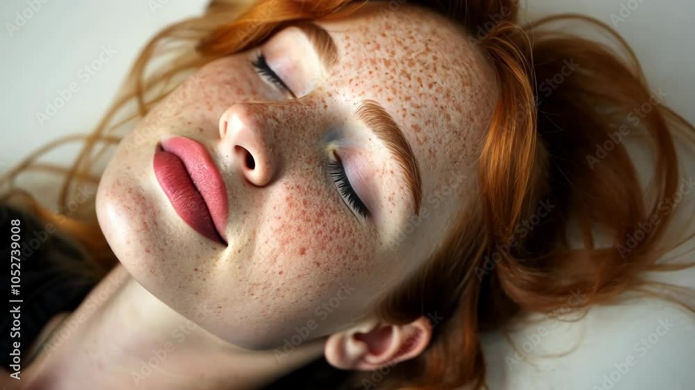 A woman with red hair and freckles lays with her eyes closed A woman with red hair and freckles lays with her eyes closed