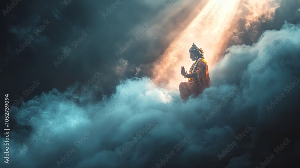 Fototapeta premium A dramatic image of Krishna emerging from a cloud of mist, illuminated by beams of light breaking through the darkness.