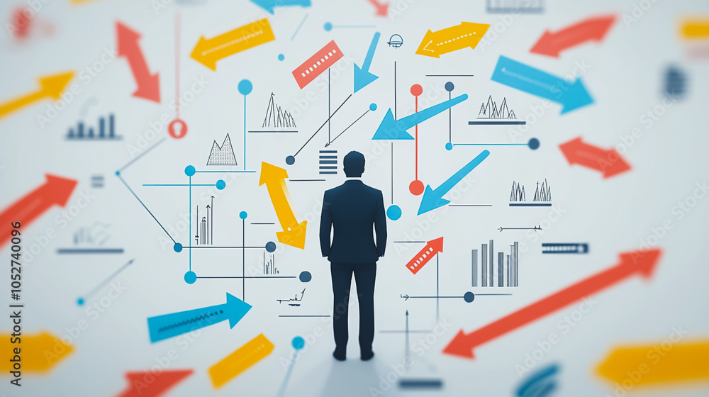 abstract business man stands on the peak of success amid tall, innovative Arrows point the way to success. and graphs with statistics to analyze business potential and predict future developments in abstract business man stands on the peak of success amid tall, innovative Arrows point the way to success. and graphs with statistics to analyze business potential and predict future developments in