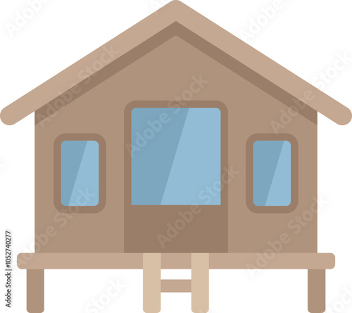 Simple illustration of a wooden bungalow standing on stilts over water, in a flat design style