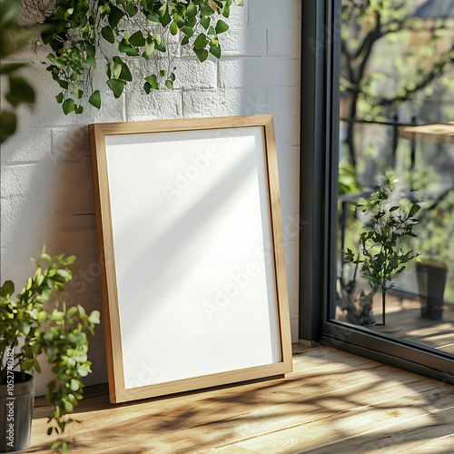 create a small white empty rectangle a4 sized vertical oak framed mockup standing on the floor in an amsterdam canal house view from windows of amsterdam intricate s photo