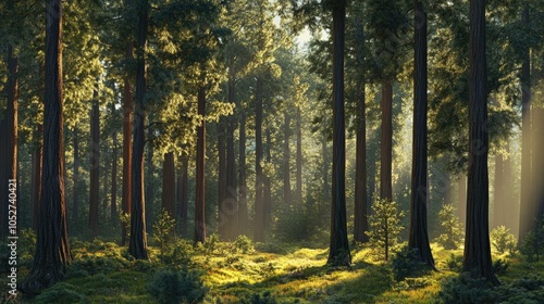 A forest scene with tall trees creating natural vertical lines, illuminated by soft sunlight.