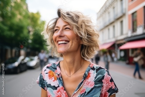 Portrait of a beautiful smiling woman in the city. Shallow depth of field
