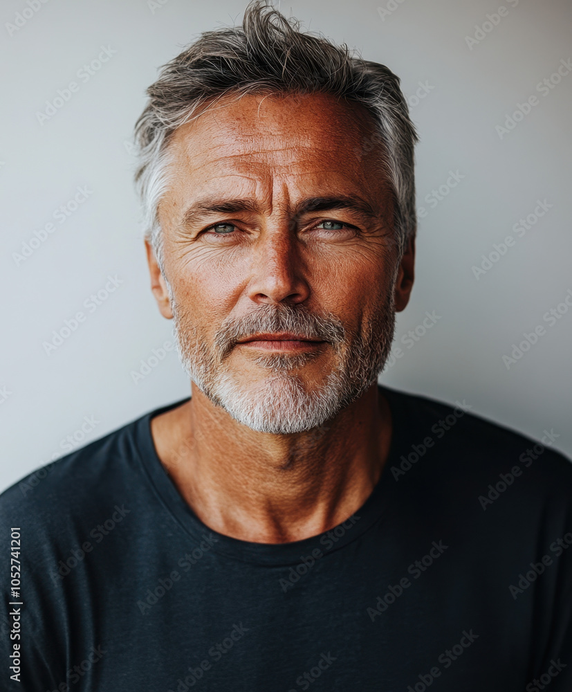 A mature man with salt-and-pepper hair and a beard, wearing a dark t-shirt, gazes directly at the camera with a calm expression. A mature man with salt-and-pepper hair and a beard, wearing a dark t-shirt, gazes directly at the camera with a calm expression.