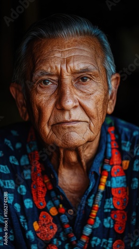 Close-up Portrait of an Elderly Indigenous Man with a Beaded Necklace