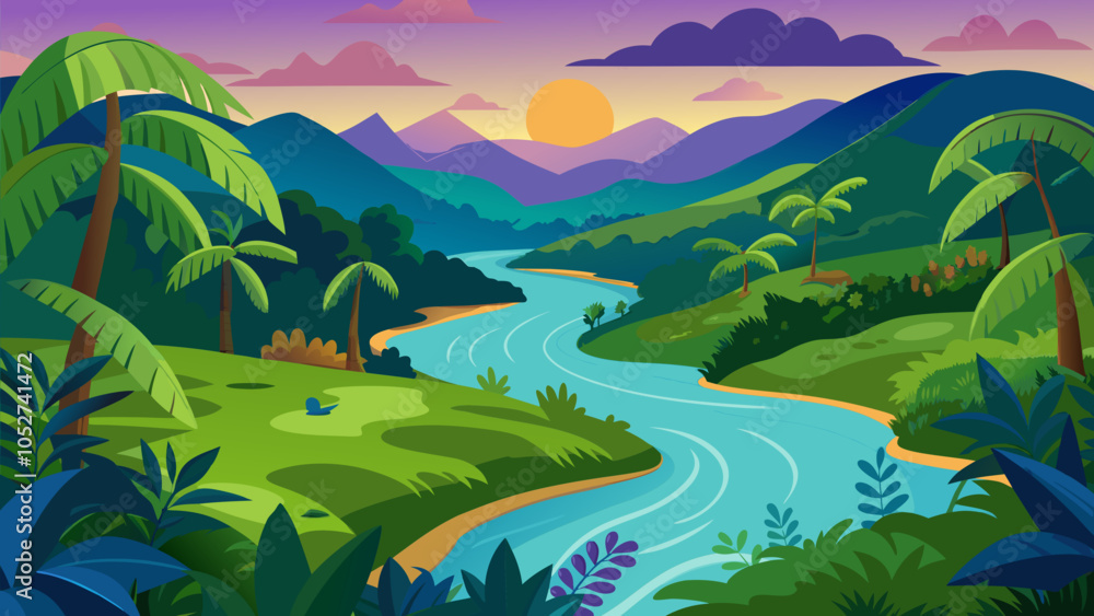 Tranquil river flowing through lush mountains at sunset with vibrant colors reflecting on the water surface Tranquil river flowing through lush mountains at sunset with vibrant colors reflecting on the water surface
