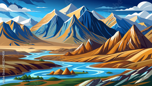Majestic mountains rise above a winding river in a vibrant landscape under a clear sky with distant peaks and lush greenery