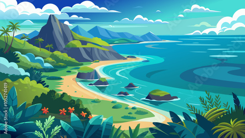 A vibrant, tropical coastline featuring lush greenery, rocky cliffs, and gentle ocean waves on a sunny day
