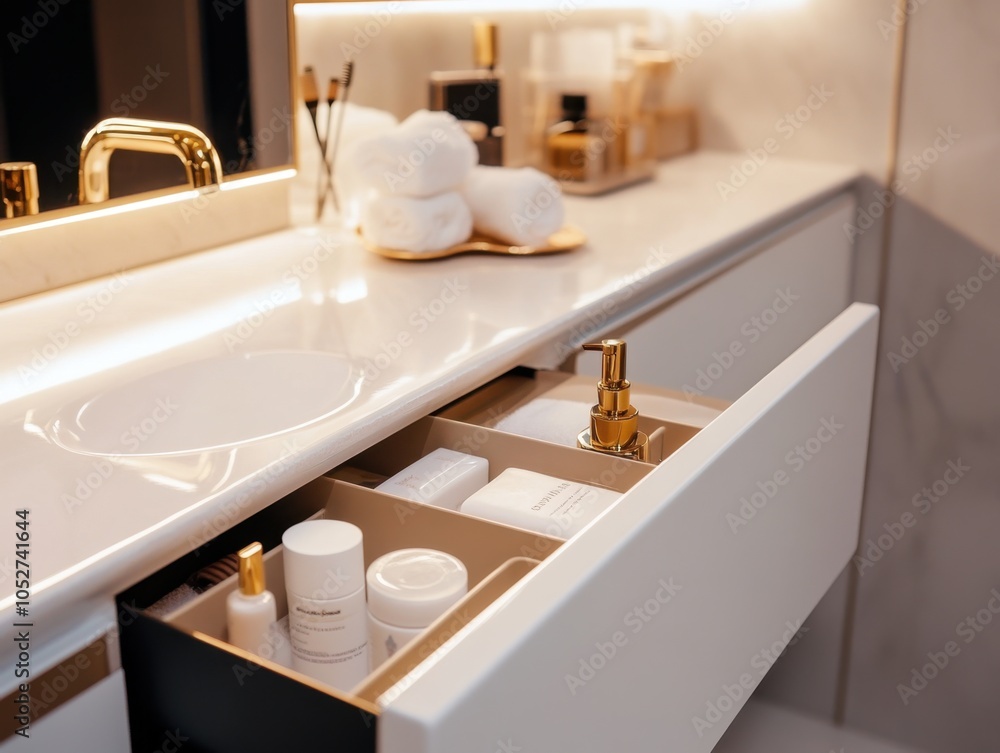 A bathroom vanity with a sink and a drawer. The drawer is full of toiletries and cosmetics A bathroom vanity with a sink and a drawer. The drawer is full of toiletries and cosmetics