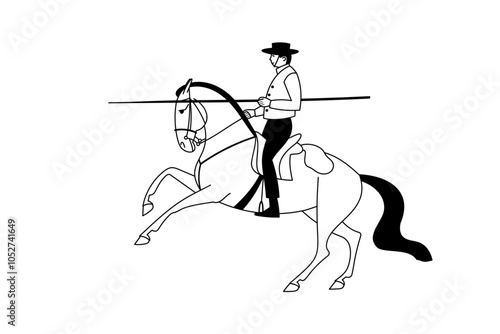 Illustration of a traditional Spanish rider, working equitation, drawn in minimalist black and white line art style