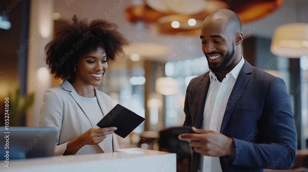 Professional interaction between a man and woman at a reception desk in a modern office during the day Professional interaction between a man and woman at a reception desk in a modern office during the day