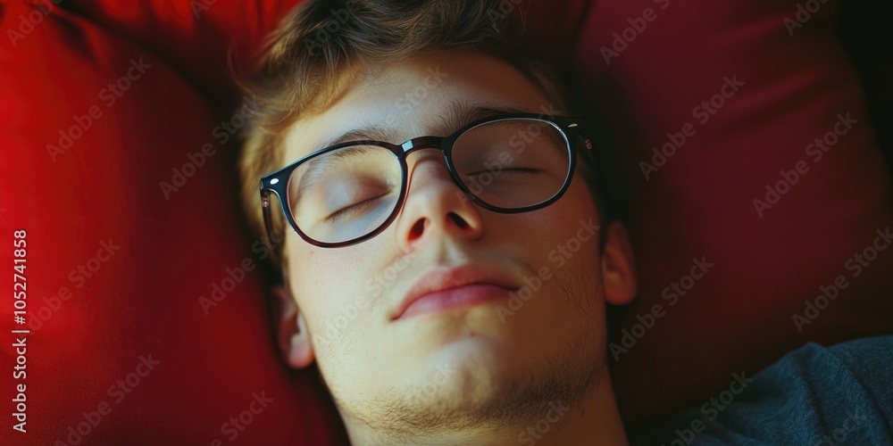Peaceful Slumber: A Boy with Glasses and a Red Pillow Peaceful Slumber: A Boy with Glasses and a Red Pillow