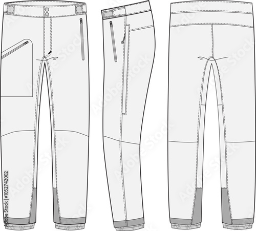 Snow Pants Technical Fashion Illustration Mock-up Winter Bottoms Template for Design and Tech Packs featuring Front, Side and Back Views