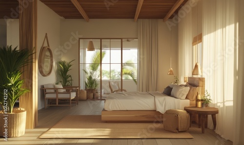 House interior backdrop, warm white bedroom with brilliant furnishings natural wooden tables, contemporary style