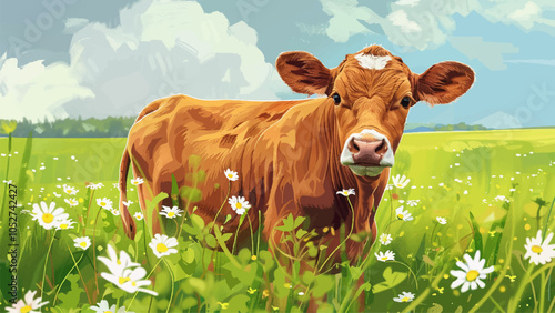 Calf in Bright Green Meadow with White Flowers Vector Illustration Pastoral Scene Grazing Calf Fresh Grass Blooming Flowers Sunny Meadow Farm Landscape Rural Setting