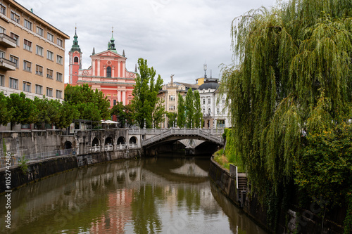 Ljubljana city on the banks of Ljubljanica river 