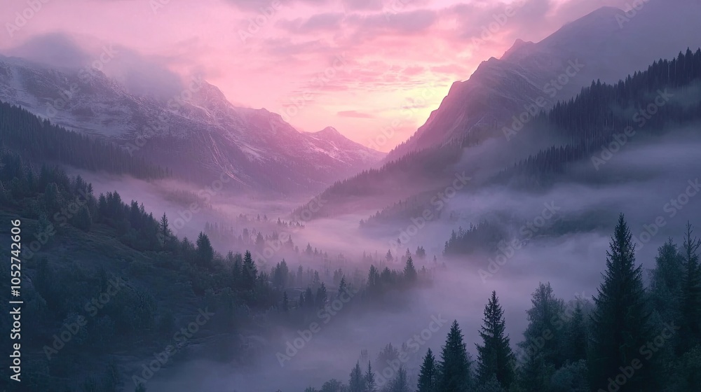 Obraz premium A misty mountain valley at dawn, with layers of fog drifting over the tree-covered slopes, illuminated by the soft pink light of the rising sun.