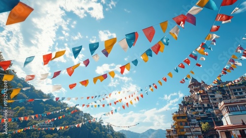 A panoramic shot of Lakshman Jhula with colorful prayer flags fluttering in the wind against a bright blue sky.