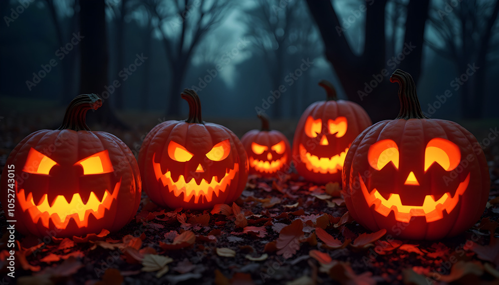 Fototapeta premium Halloween Horror: Generative AI’s Wickedly Illuminated Pumpkins in the Dark 