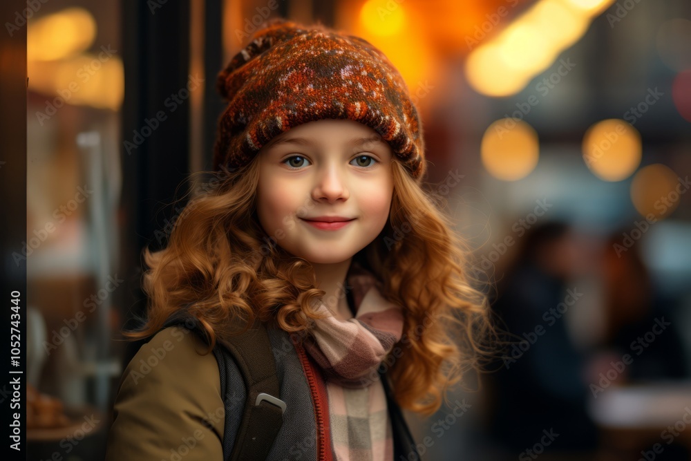 Adorable little girl with long curly hair wearing a warm hat and scarf Adorable little girl with long curly hair wearing a warm hat and scarf