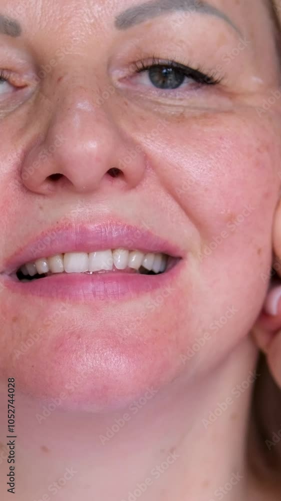 smooth out wrinkles on the chin Calm Caucasian woman, touching healthy skin chin and neck massaging movements apply moisturizing toner, moisturizer, skin self-massage of face. smooth out wrinkles on the chin Calm Caucasian woman, touching healthy skin chin and neck massaging movements apply moisturizing toner, moisturizer, skin self-massage of face.