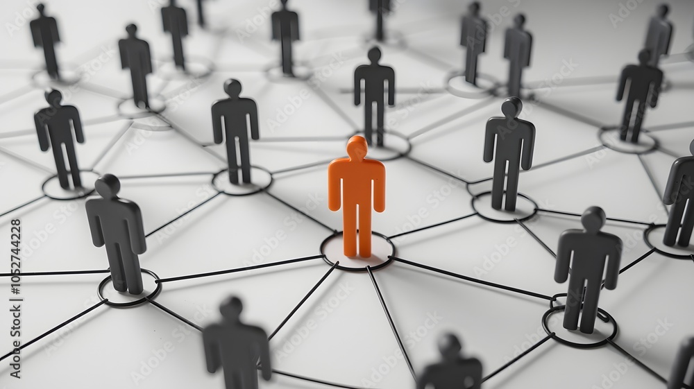 A network of interconnected figurines, resembling people, on a white surface. These figurines are linked by thin wires, symbolizing connections or relationships