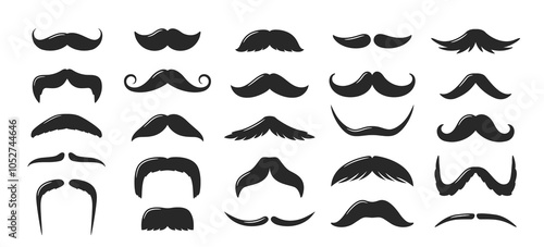 Set of vector illustrations of various mustache styles in black silhouettes. Includes a variety of shapes from classic curled mustaches to thick and wide types, ideal for design, icons, or templates