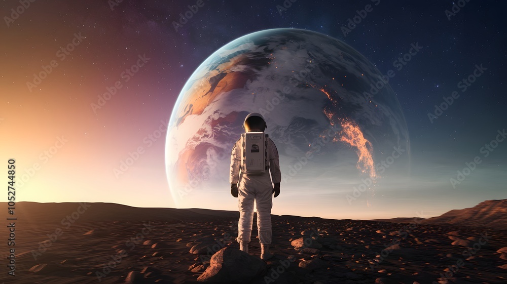 An astronaut standing on a rocky terrain, gazing at a massive planet, possibly Earth, in the backdrop. The planet is depicted with vibrant colors, suggesting it might be in a state of turmoil An astronaut standing on a rocky terrain, gazing at a massive planet, possibly Earth, in the backdrop. The planet is depicted with vibrant colors, suggesting it might be in a state of turmoil