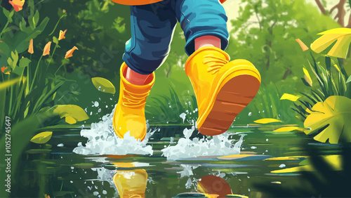 Childs Legs Yellow Rubber Boots Jumping Over Puddle Cartoon Illustration Playful Action Splash Water Fun Outdoor Childhood Activity Rainy Day Wet Feet Bright Colors Joyful Movement