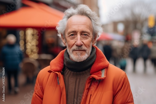 Portrait of a senior man in an orange jacket on a city street.