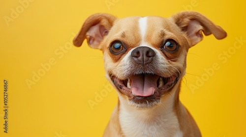 A cute brown and white dog with big brown eyes smiles at the camera on a yellow background.