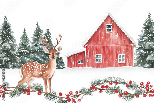 A charming winter scene features a deer beside a red barn, surrounded by snow-covered trees and festive garlands.