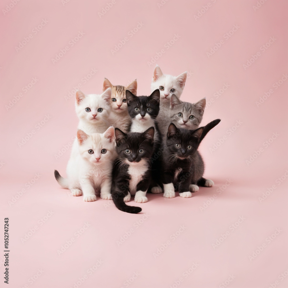 A group of eight adorable kittens sitting together against a light pink background.