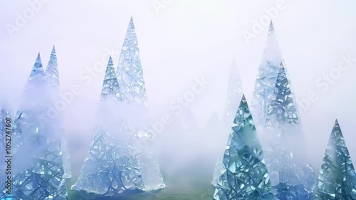 Fog gradually envelops a surreal forest filled with crystal clear glass trees. The enchanting scene evokes a sense of winter magic and mystery, creating a captivating atmosphere